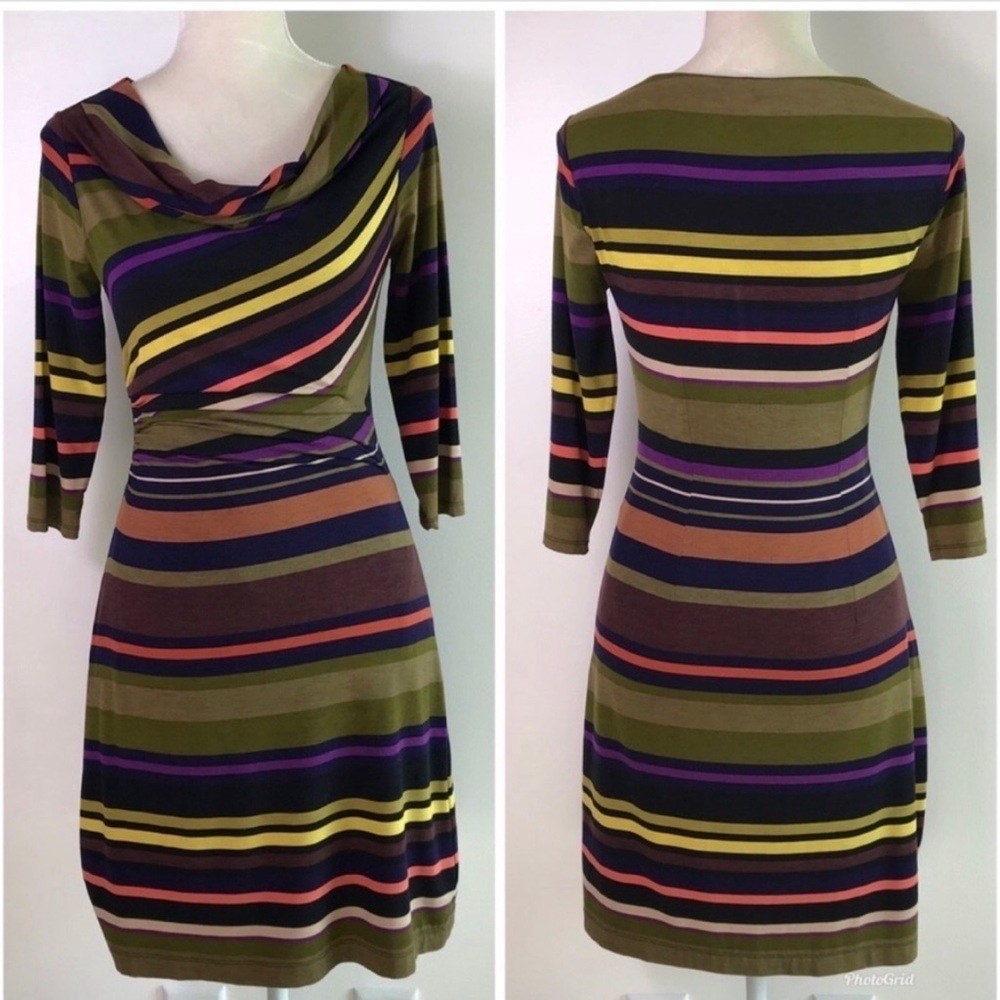 LOFT Cowl Neck Stripe 3/4 Sleeve Ruched Shift Dress LP